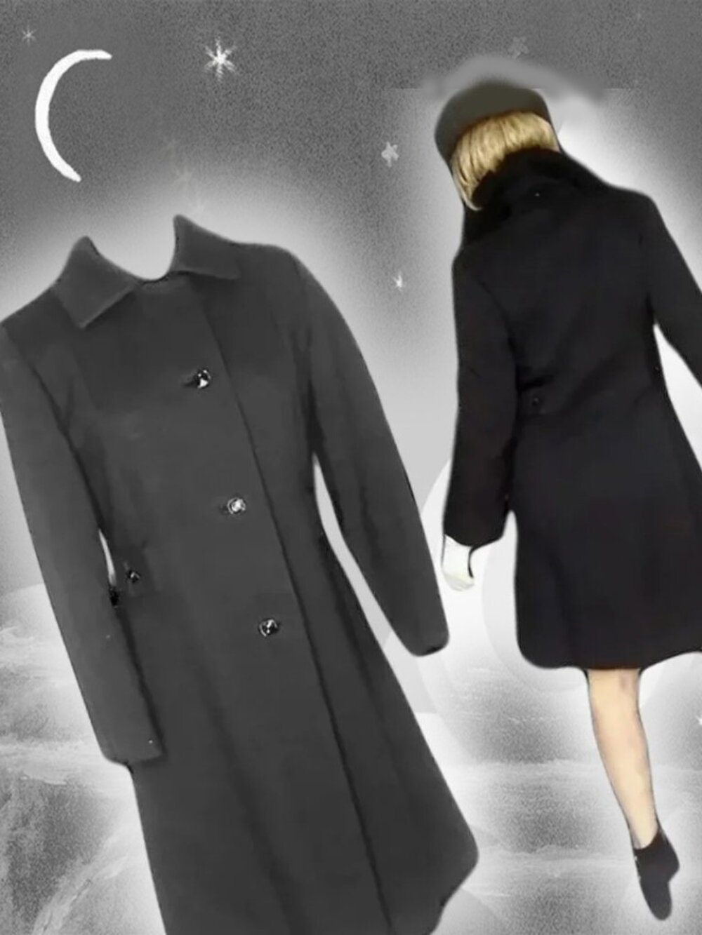 Black Winter Coat Princess Cut Classic Mod / 1960s Retro - Heavy & Warm